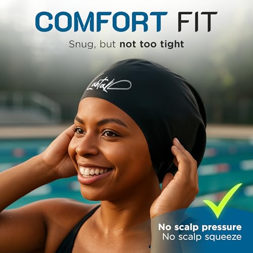 Lahtak Large XL Swim Cap for Long Hair – Women & Men with Braids & Dreadlocks (Black)