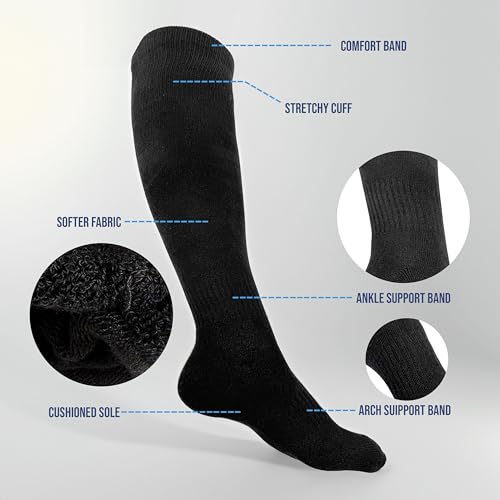 Athletic Knee High Sports Socks - 3 Pairs for Soccer & Baseball - Large Black