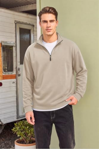 COOFANDY Mens Quarter Zip Fleece-Lined Mock Neck Sweatshirt Large Light Khaki