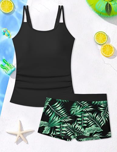 Girls 2-Piece Tankini Swimsuit with Printed Shorts - Black, 15-16 Years