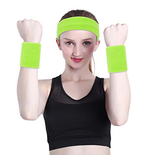Athletic Cotton Terry Cloth Wristbands - Neon Green Sweatbands (1 Pair)