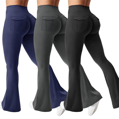 Women's High-Waisted Flare Leggings with Pockets - Large, Black/Navy Blue/Gray