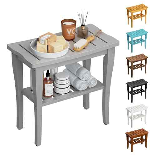 Bamboo Shower Bench Stool with Storage Shelf, Waterproof Shower Chair Spa Bath Seat, Shower Stool for Inside, Bathroom Bench Seat for Adults Elderly Seniors for Indoor or Outdoor Use(Gray)
