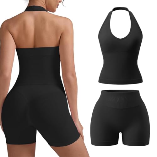 Niipty Women's Black 2-Piece Workout Set with Deep V Neck Top & High Waist Shorts