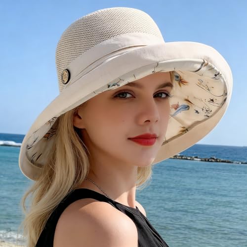 Women's Mesh Bucket Hat - UV Protection, Foldable, Beige, Medium