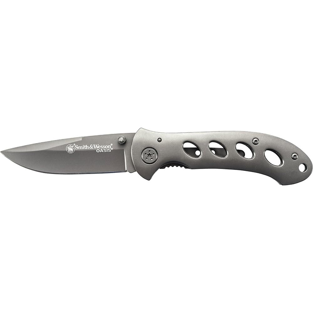 Smith & Wesson Oasis SW423B 7.5in S.S. Folding Knife with a 3.2in Serrated Drop Point Blade and Titanium Coated Handle for Outdoor, Tactical, Survival and EDC