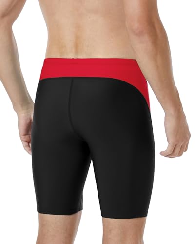 Runhit Men's Swim Jammers - Competitive Racing Sports Swimsuit, Quick Dry, UPF 50+ - Black & Red, Large