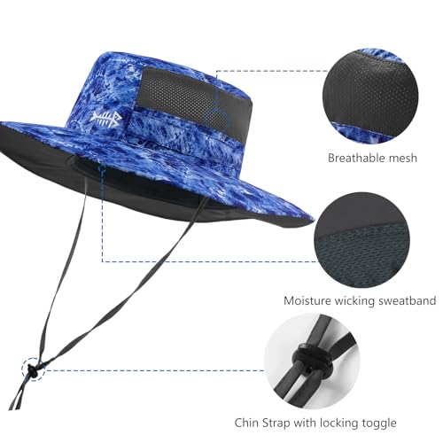 BASSDASH UPF 50+ Water-Resistant Wide Brim Bucket Hat for Fishing, Hiking & Camping - Blue Camo, Large