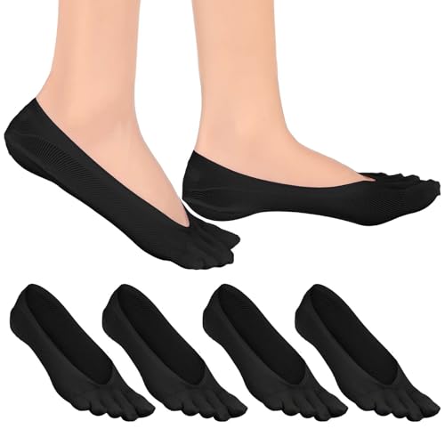 No Show Toe Socks for Women & Men - 4 Pairs Five Finger Separator - Black