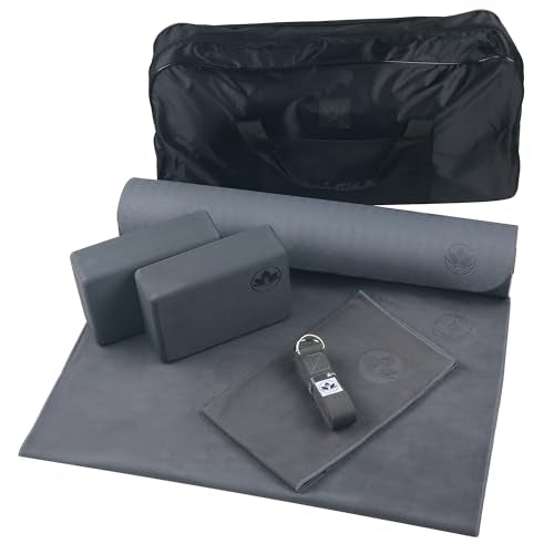 Yoga Starter Kit - 6mm Mat, 2 Blocks, Strap, Towels & Bag - Gray