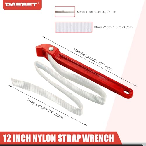 DASBET 12 Inch Strap Wrench Pipe Adjustable Nylon Strap Pipe Wrench Double Layered Oil Filter Strap Wrench Handle Nylon Belt