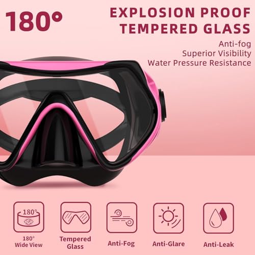 Snorkeling Gear Set for Adults - Anti Fog Goggles & Dry Snorkel - Black+Pink