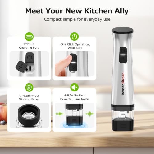 Bonsenkitchen Handheld Vacuum Sealer for Travel with 30 Reusable Bags - Silver