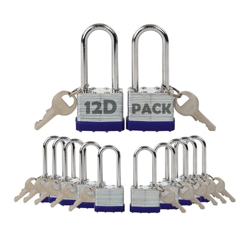 SEPOX¢ç 12Pcs Set Laminated-Padlocks with Key Different, Extra Long-Shackle, 1-9/16" 40MM Heavy-Duty Steel Lock Body Each Lock with 2 Big Key for Outdoor & Indoor Lockers-Locks, Fence, Gate, Tool-Box