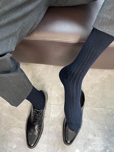 PUJANE Men's Dress Crew Socks 5 Pairs - Beige, Coffee, Grey, Navy, Light Grey, 9-12