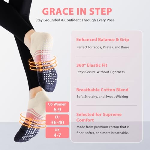 Non-Slip Pilates Grip Socks for Women - Yoga Barre Cotton - Pink