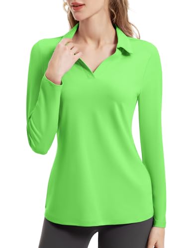 Women's Long Sleeve V-Neck Tennis Golf Shirt - Athletic Sport Top - Lime Green