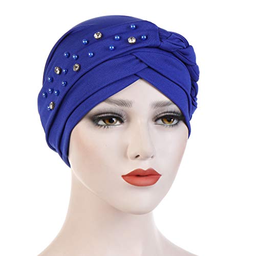 Women's Beaded Pre-Tied Turban Hat - Soft Silky Chemo Beanie - Blue