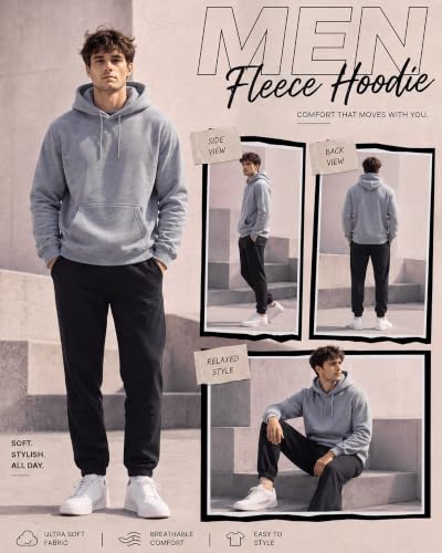Men's Fleece Pullover Hoodies 4-Pack - Large Black Grey Navy Light Gray