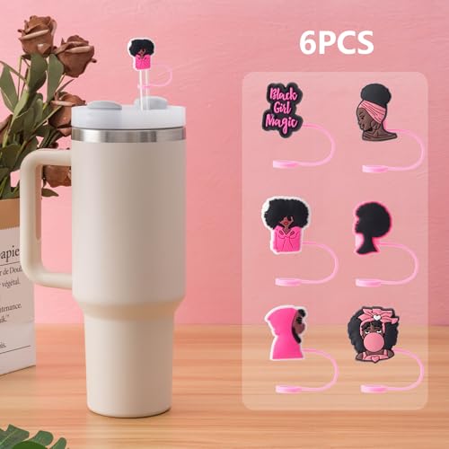 Cute Black Girl Straw Cover Caps - 6 Pcs Pink & Black Set for Stanley Cups