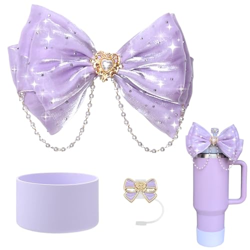 Bling Bow Straw Topper & Silicone Boot Set for Tumblers - Purple