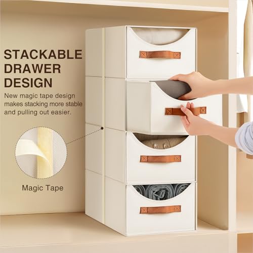 Stackable Storage Drawers - Collapsible Storage Bins with Drawers, 4 Pack Closet Shelf Organizer Basket, Fabric Pull Out Organizer for Bedroom, Living Room, Dorm, Beige