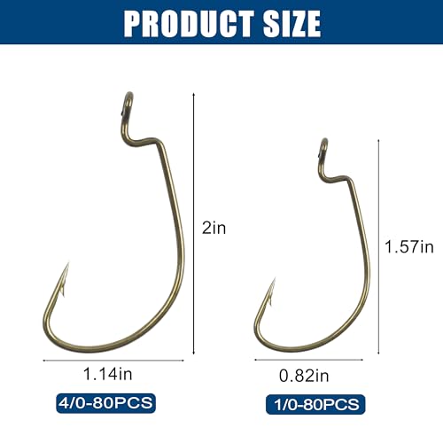 80PCS EWG Bass Fishing Hooks - Gold 1/0 Offset Worm Hooks