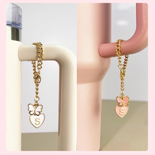 Pink Bow Straw Cover with Initial Letter Charms - 3pcs for Stanley 10mm