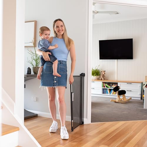 Perma Child Safety Retractable Baby Gate, 71" Wide x 33" Tall, Mesh for Stairs, Doorways, Indoors, Outdoors, Dogs, One-Hand Operation, Locks, Easy Install, Black