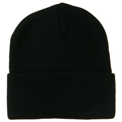 12-Inch Long Knitted Beanie - Double-Layered Acrylic - Black One Size