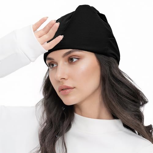Beisto Sleeping Cap with Eye Mask - Black, Windproof Warm Nightwear for Elderly, Postpartum & Migraine Sleep
