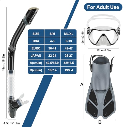Travel Size Snorkeling Gear Set - Grey ML/XL - Anti-Fog Mask, Trek Fins, Dry Top Snorkel
