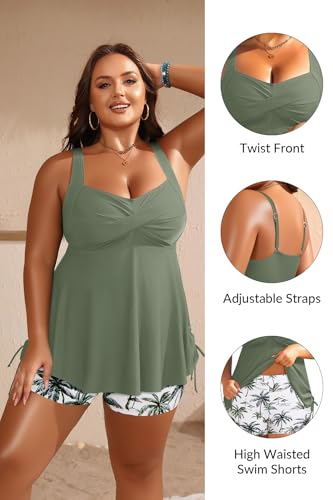 Aqua Eve Plus Size Tankini Swimsuit with Flowy Swimdress & Shorts - Green Palm Tree, 18 Plus