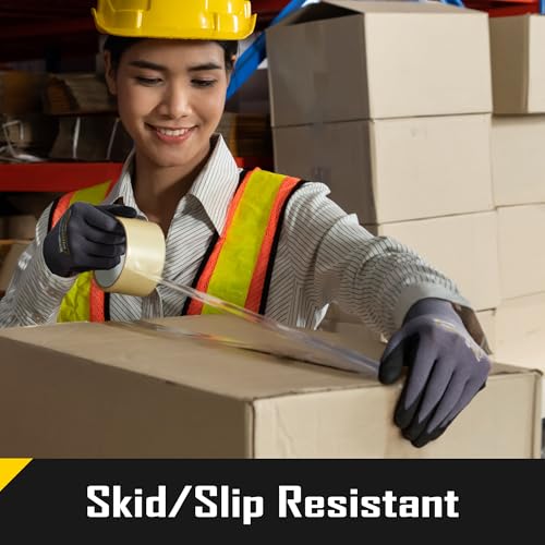 COOLJOB 12 Pairs Nitrile Rubber Coated Nylon Safety Work Gloves Pack Bulk, Dotted for Non-Slip Grip, Breathable Soft Seamless Knit Nitrile Dipped Gloves for Warehouse, Home Improvement, Yard, Large