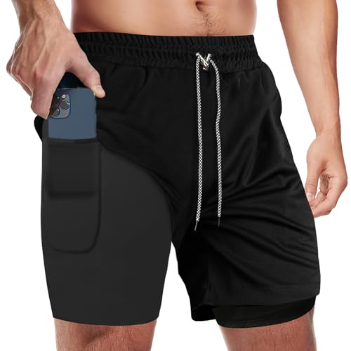 Men's 2 in 1 Running Shorts - Quick Dry Athletic Shorts with Zip Pockets & Towel Loop - Black, Medium