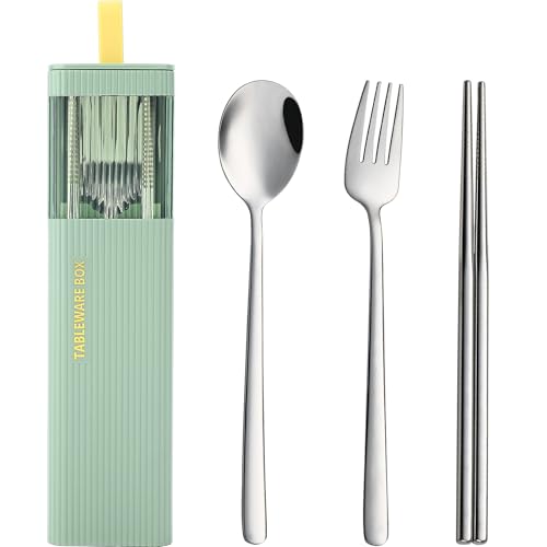 Travel Utensils Set - 4 Pcs Stainless Steel Fork, Spoon & Chopsticks - Green