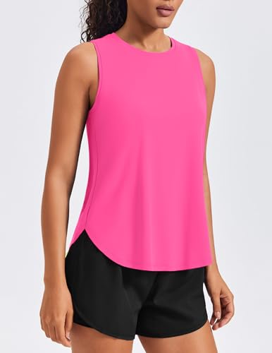 PINSPARK Women's Workout Tank Top with Back Pleats - Loose Fit Sleeveless Shirt, Medium Rose Red