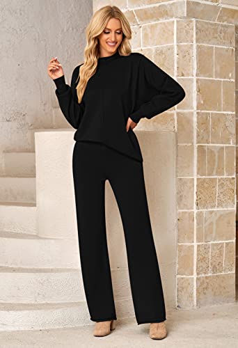Fixmatti 2-Piece Knit Sweater Set - Turtleneck Top & Wide-Leg Pants Lounge Wear