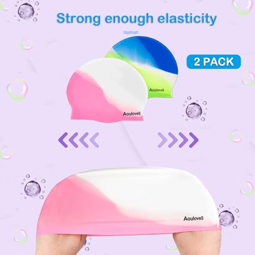 Kids Swim Cap 2 Pack - Silicone Swimming Caps for Long & Short Hair - Pink & Green-Blue