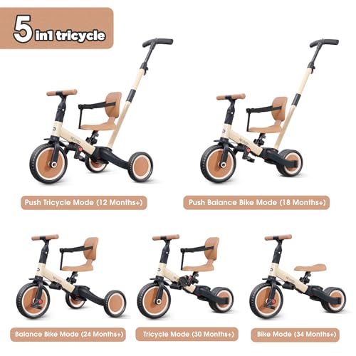 5-in-1 Tricycle for Toddlers 1-3 with Push Handle - Khaki