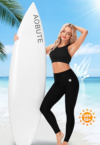 AOBUTE Women's High Waisted Black Swim Pants UPF 50+ Rash Guard Leggings - Large