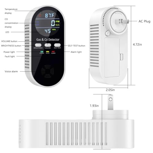 5 in 1 Carbon Monoxide Detector & Natural Gas Detector with Temperature Humidity Display£¬Battery Backup for Plug-in Co Detector and Combination Gas Suitable for Home/Hotel/Travel - 1Pcs