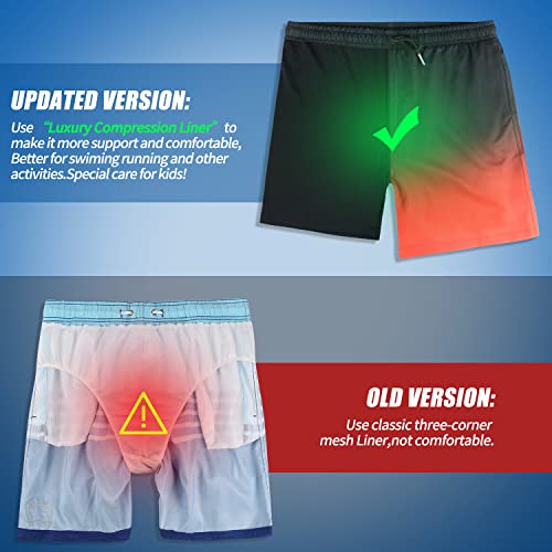 LUCOWEE Boys Swim Trunks with Soft Compression Liner, Quick Dry, UPF 50+, Black Red Ombre, Age 10-12