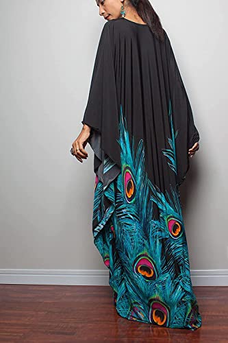 Venasha Peacock Floral Print Caftan Dress - Short Sleeve Swimsuit Cover-Up for Summer