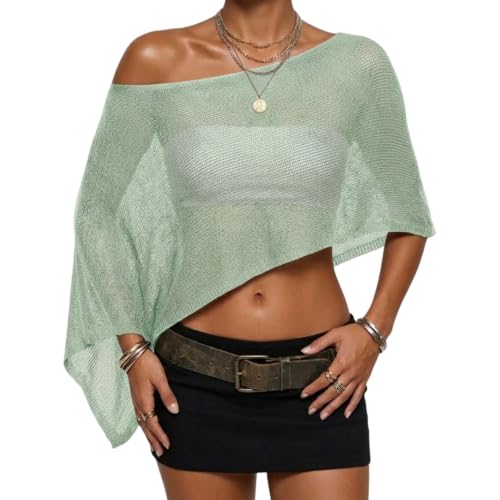 Women Green Sheer Crochet Beach Cover Up Poncho - One Size