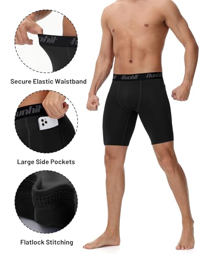 Runhit Men's Compression Shorts with Pockets 9" Black & White Medium - Athletic Workout Base Layer