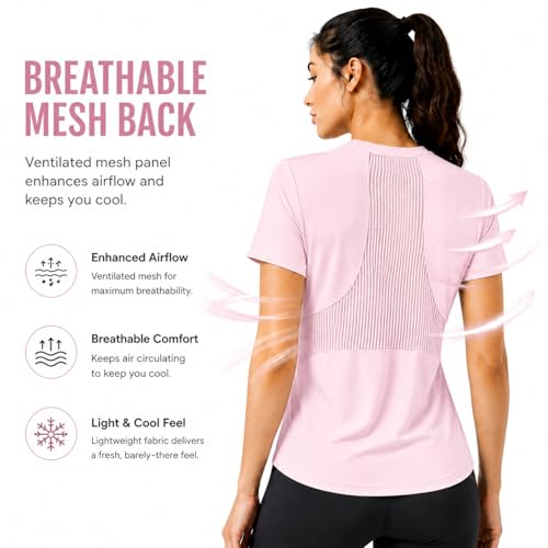 Seamless Short Sleeve Athletic Workout Shirt - Breathable Gym Top - Pink