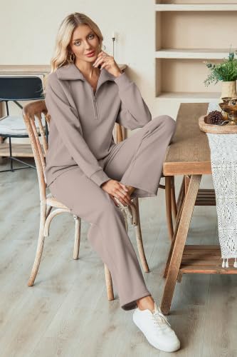 Sampeel Women's Cozy Two Piece Sweat Sets - Lounge Matching Clothing, Medium Coffegrey Pink