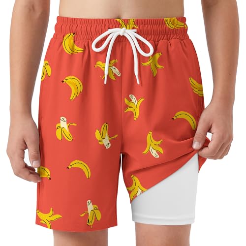 Boys Swim Trunks with Boxer Liner - UPF 50+ Quick Dry, 7-8 Years Pink Banana