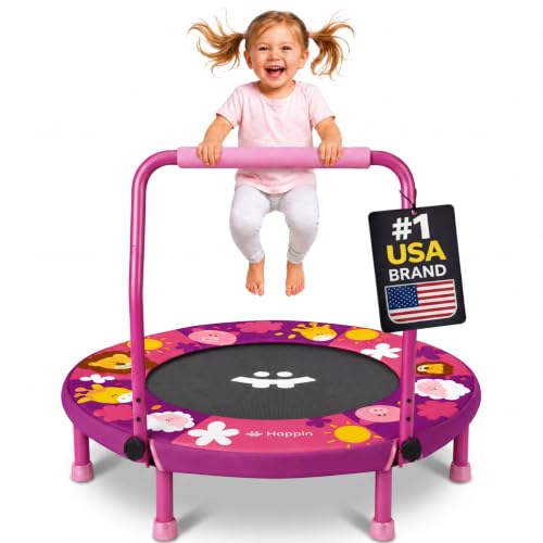 Toddler Trampoline Indoor 36'' - Foldable Mini Trampoline for Kids, Adjustable Handle, ASTM Certified, Purple & Coral
